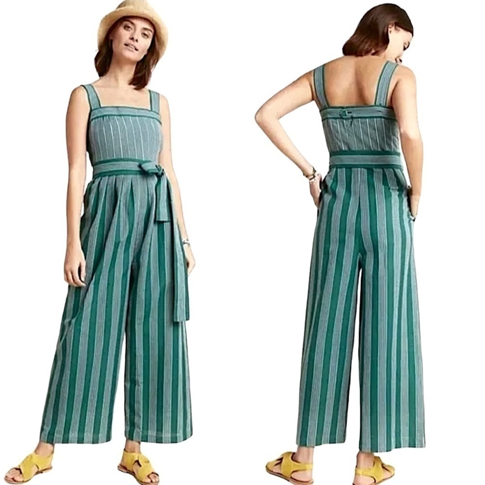 ANTHROPOLOGIE Payal Pratap Cha Cha Green Stripe Linen Wide Leg Crop Jumpsuit